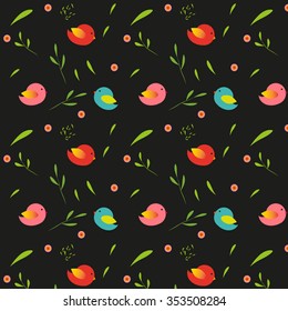 Seamless pattern with birds, leaves and branch on black backround