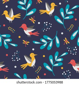 Seamless pattern with birds and leaves. Modern background for packaging and design.