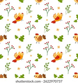 Seamless pattern with birds and leaves on a white background