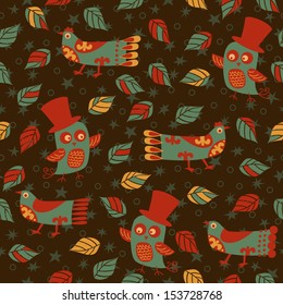 Seamless pattern with birds, leaves and stars. Vector illustration. 