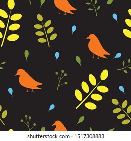 Seamless pattern with birds and leaves, vector