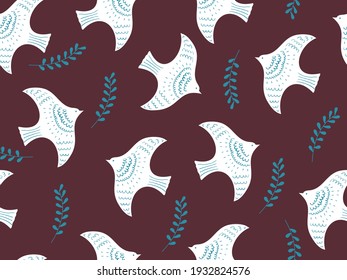 Patrón sin foco de aves y hojas, ilustración vectorial