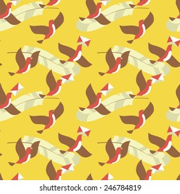 Seamless pattern with birds, letters and feather.