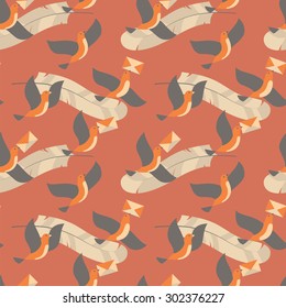 Seamless pattern with birds, letters and feather.