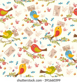 seamless pattern with birds and letters. postcrossing cheerful. mail birdies.
