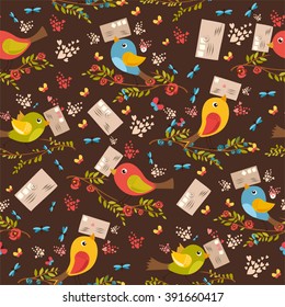 seamless pattern with birds and letters. postcrossing cheerful. mail birdies. brown background.