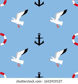 
Seamless pattern: birds, lifebuoy and anchor on a blue background. Marine background. vector. illustration