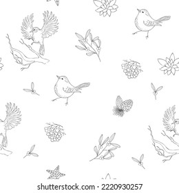 Patrón sin foco con aves. Ornamento de arte de línea. Vector