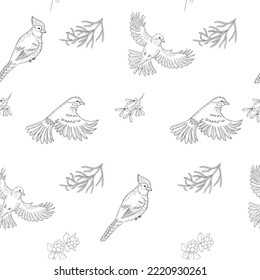 Seamless Pattern with Birds. Line Art Ornament. Vector