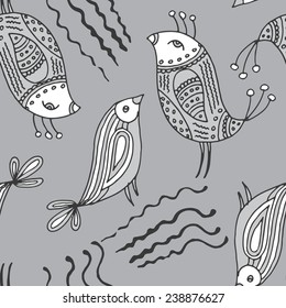 Seamless pattern with birds and lines. Grey, white and black.