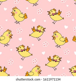 Seamless pattern with birds in love, flowers, hearts. Valentine's Day or love print. Pastel pink print on fabric, textile, wallpaper. Vector cartoon illustration. Spring Easter background with chicks.