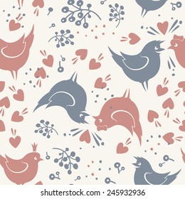 Seamless pattern with birds in love, hearts and branches of berries. Silhouette style