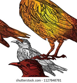 Seamless pattern with birds. Meditative coloring, patterns. Many details, antistress coloring. Mandala. Points, stripes. Vintage drawing by hand.