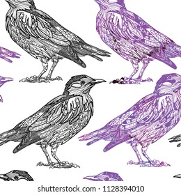 Seamless pattern with birds. Meditative coloring, patterns. Many details, antistress coloring. Mandala. Points, stripes. Vintage drawing by hand.