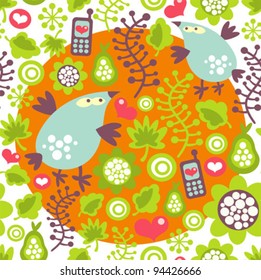 Seamless pattern with birds and mobile phones. Vector illustration with flowers.