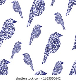 Seamless pattern with birds, mosaic geometric style . Creative background for printing, fashion design . Blue and white. Vector Illustration