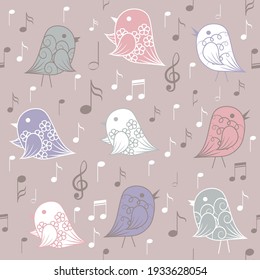 Seamless pattern with birds and musical elements. Vector illustration.