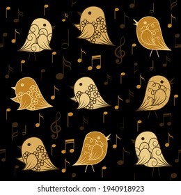 Seamless pattern with birds and musical elements. Vector illustration.