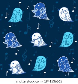 Seamless pattern with birds and musical elements. Vector illustration.