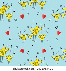 Seamless pattern with birds and musical notes. Vector illustration.