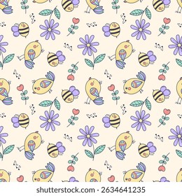 Seamless pattern with birds, musical notes, bees, and flowers in pastel colors on a light yellow background. Great for kids’ fabric, nursery wallpaper, baby clothes, stationery, gift wrap, and decor