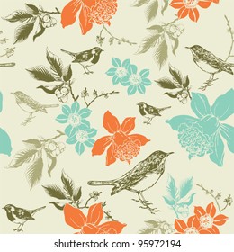 seamless pattern with birds and narcissus