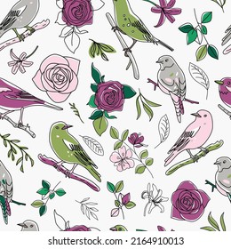 Seamless pattern. Birds nature animals illustration. Cute hand drawn bird a nd flowers doodles. Line style in minimalism. Vector picture.