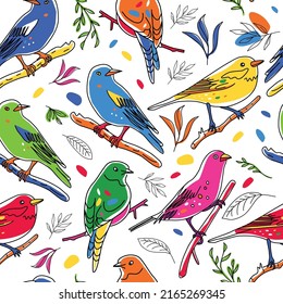 Seamless pattern. Birds nature animals illustration. Cute hand drawn bird and plants doodles. Line style in minimalism. Vector picture.