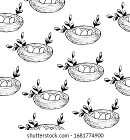 Seamless pattern with Bird's Nest,  Easter eggs and  branches isolated on white background. Natural interlacing. Black and white hand drawn logo. Doodle style. Outline vector illustration.