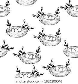 Seamless pattern with Bird's Nest,  Easter eggs and  branches isolated on white background. Natural interlacing. Black and white hand drawn logo. Doodle style. Outline vector illustration.