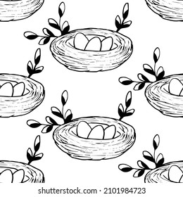 Seamless pattern with Bird's Nest,  Easter eggs and  branches isolated on white background. Natural interlacing. Black and white hand drawn logo. Doodle style. Outline vector illustration.