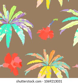 Seamless pattern of bird's nest fern and red flowers, flat simple retro/vintage colorful vector