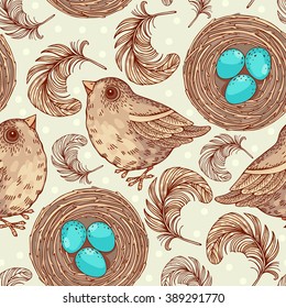 Seamless pattern with birds and nest. Freehand drawing