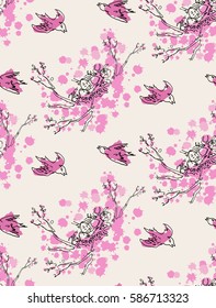 Seamless pattern with birds and the nest at the tree