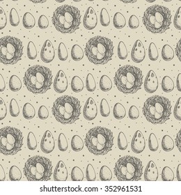 Seamless pattern from the bird's nests and eggs drawn by hand.Background in vector.