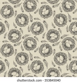 Seamless pattern from bird's nests and feathers.Drawn by hand.Illustration in vintage style.