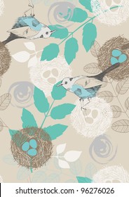 Seamless pattern with birds, nests and leaves