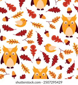 Seamless pattern with birds and oak leaves. Owl, birds, acorns, oak leaves. 