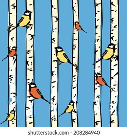 Seamless pattern with birds on birches, vector.