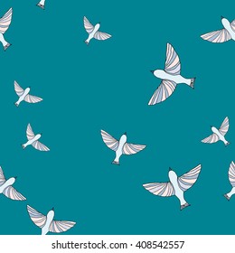 Seamless pattern with birds on blue background