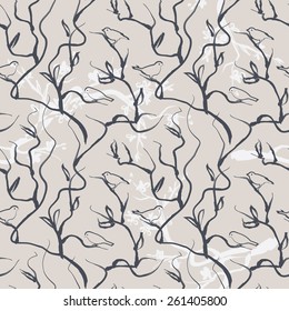 Seamless pattern with birds on branches on vintage gray background 