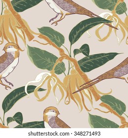 Seamless pattern with birds on branches of flowering trees