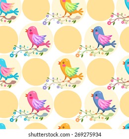 Seamless pattern with birds on cherry blossom over polka dot background
