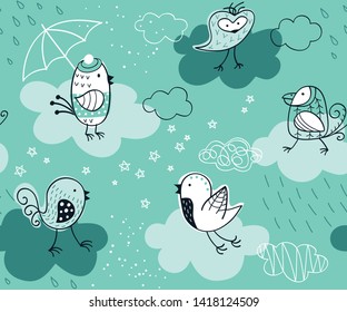 Seamless pattern with Birds on the clouds.  Vector background for fabric, textile, wallpaper, posters, gift wrapping paper, napkins, tablecloths, pajamas. Print for kids, baby, children