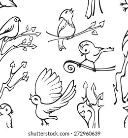 Seamless pattern with birds on a white background