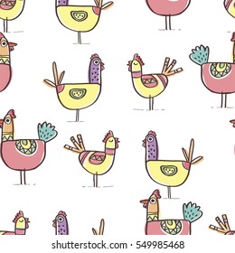 Seamless pattern of birds on white background. Chicken illustration. Sketch style.