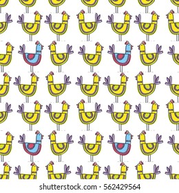 Seamless pattern of birds on white background. Chicken illustration. Sketch style. Figure for textiles. Decorative elements for invitation and postcard design. 