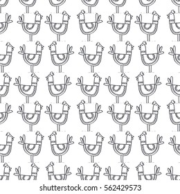 Seamless pattern of birds on white background. Chicken illustration. Sketch style. Figure for textiles. Decorative elements for invitation and postcard design. 