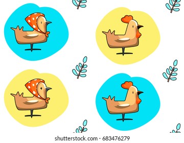 Seamless pattern of birds on white background. Chicken illustration. Sketch style. Figure for textiles. Decorative elements for invitation and postcard design.