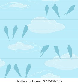 Seamless Pattern with Birds on Wires and Clouds on Blue Sky